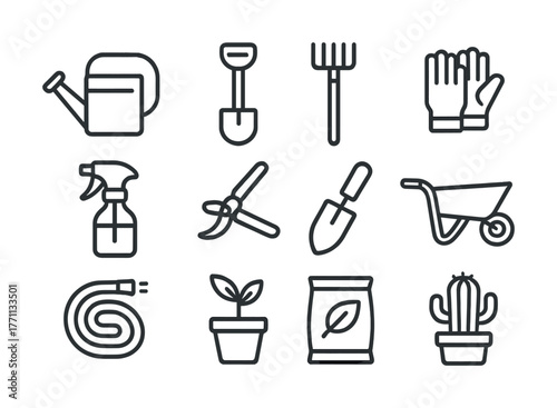 Gardening tools icons set: watering can, shovel, rake, gloves, sprayer, shears, trowel, wheelbarrow, hose, plant, fertilizer, cactus