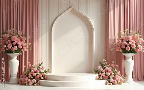Classic luxury wedding ceremony backdrop interior wall background and copy space. High quality