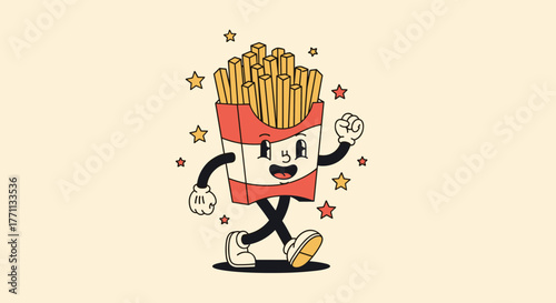 A happy, retro-style cartoon french fries character with a joyful expression, arms, and legs walks amidst scattered stars.