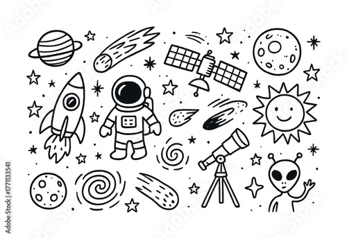 Space exploration doodles: astronaut, rocket, alien, stars, telescope