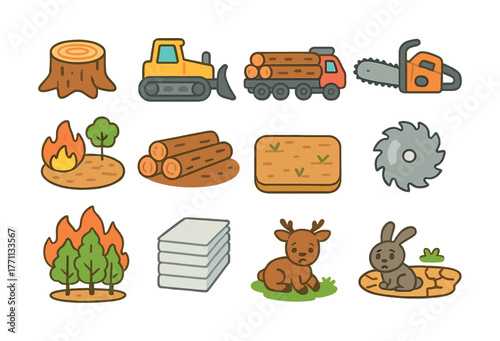 Deforestation icons: logging, wildlife impact, and environmental concerns