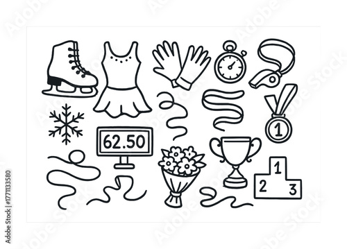 Figure skating elements: dress, skates, stopwatch, medal, trophy, ribbon, podium, snowflake