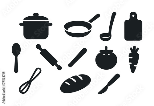 Silhouette kitchen utensils and food icons on white background