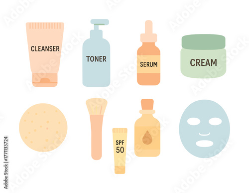Skincare essentials collection: cleanser, toner, serum, cream, mask, spf