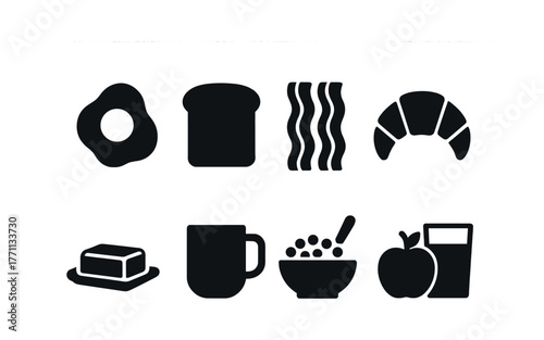 Breakfast icons: egg, toast, bacon, croissant, butter, mug, cereal bowl, apple, juice