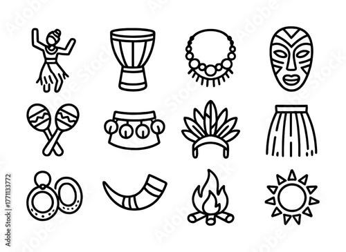 African tribal icons: drum, mask, necklace, dance, fire, sun
