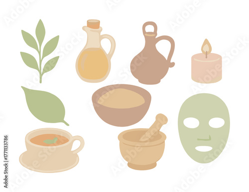 Natural spa elements: essential oils, herbal tea, candle, face mask, leaf design