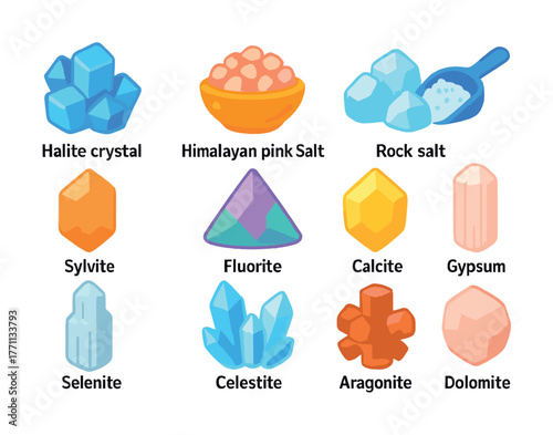 Collection of diverse mineral crystals and salts with labels