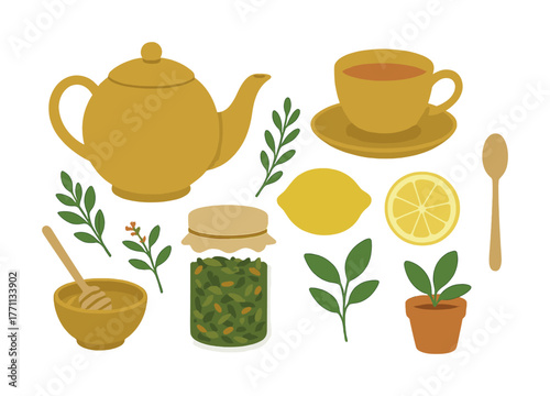 Tea set with teapot, cup, jar of leaves, honey, and lemon on white background