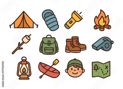 Colorful collection of camping equipment and outdoor adventure icons