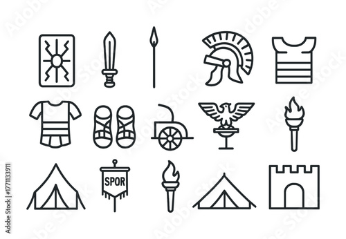 Ancient roman symbols: helmets, shields, chariots, and tents illustrated