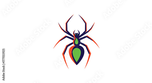 A stylized graphic illustration of a spider with a dark blue body, bright green abdomen, and vibrant orange legs, isolated on a clean white background.
