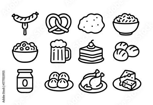Assorted german cuisine icons including sausage, pretzel, and cheese