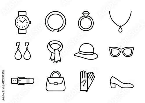 Set of fashion accessories: watch, necklace, rings, earrings, hat, sunglasses