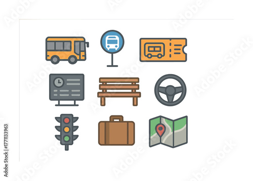 Public transportation icons: bus, ticket, bench, traffic light, map, luggage, steering wheel
