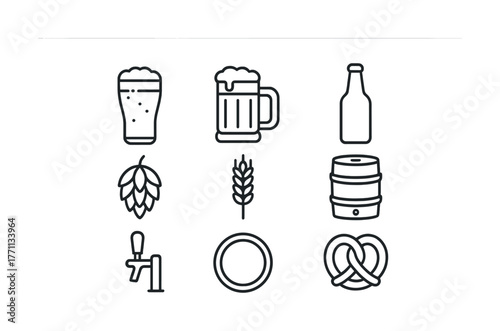 Beer icons set: glass, mug, bottle, hops, wheat, barrel, tap, coaster, pretzel