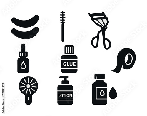 Black and white beauty tools set with eye patches, mascara wand, and eyelash curler