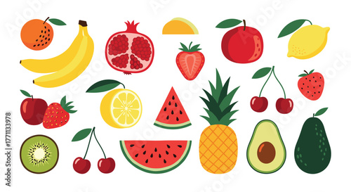 A vibrant collection of fresh and colorful cartoon-style fruits, including citrus, berries, tropical, and more, arranged on a white background.