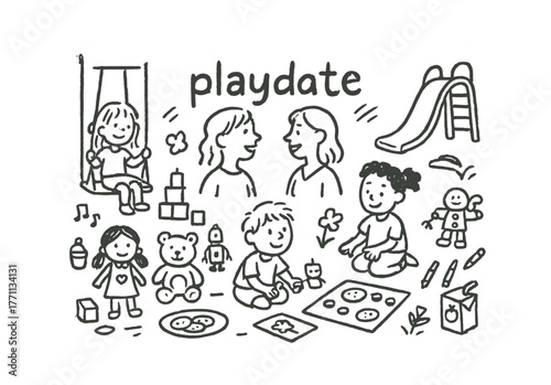 Children's playdate with diverse activities: swing, blocks, slide, and creative play