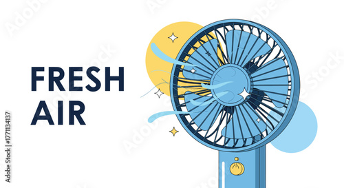 Illustration of a blue portable fan blowing fresh air with stylized wind currents and text on a white background.