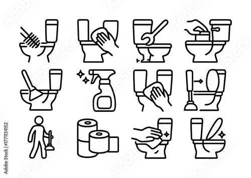 Toilet cleaning icons: scrubbing, disinfecting, supplies, maintenance, hygiene, restroom tasks