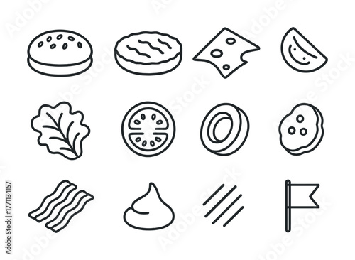 Black and white line icons of burger ingredients including cheese, lettuce, tomato, and bacon