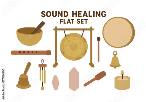 Sound healing instruments set with gong, singing bowl, crystal, and candle