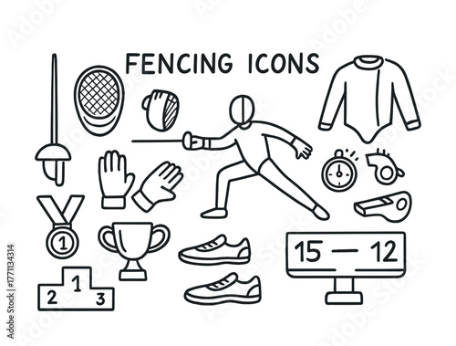 Fencing icons: equipment, gear, and symbols in outline style for sport enthusiasts