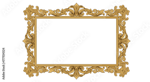 A highly decorative and elegant golden ornate frame featuring intricate baroque scrollwork, perfect for vintage designs.