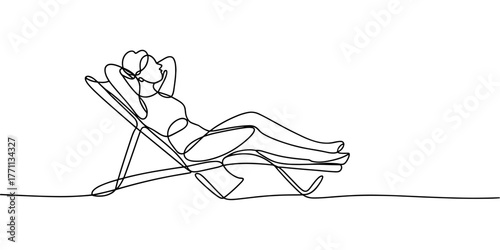 a person reclining in a beach chair with hands behind the head, symbolizing rest, vacation, and leisure.