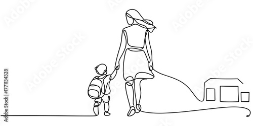 a mother holding her child’s hand while walking toward a school building, symbolizing education and care.