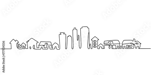 an urban city skyline featuring houses and tall buildings, symbolizing architecture, modern living, and urban landscape design.