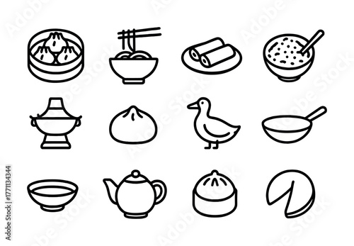 Outline icons of asian cuisine: noodles, dim sum, tea, rice, fortune cookie