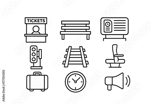 Set of simple train station icons: tickets, bench, display, signal, tracks, seat, luggage, clock, speaker