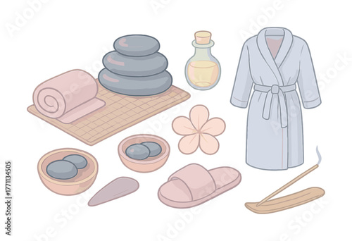 Spa essentials: relaxation items including bathrobe, stones, and incense