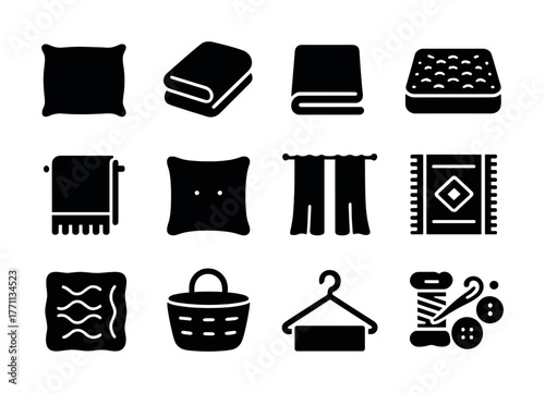 Home textiles icons: pillows, towels, curtains, and more in black and white