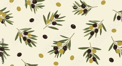 Seamless olive branch pattern with green and black olives on a cream background, ideal for Mediterranean-themed designs and healthy food concepts.