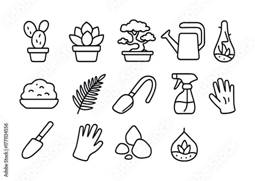 Gardening tools and plants icons: cactus, bonsai, watering can, gloves