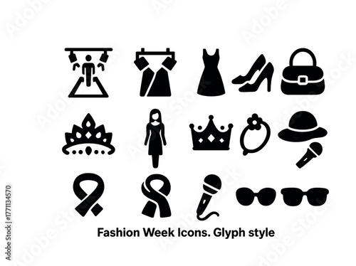 Glyph style fashion icons: runway, dresses, accessories, and more in bold black design
