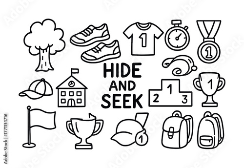 Hide and seek activity icons: tree, stopwatch, trophy, and more
