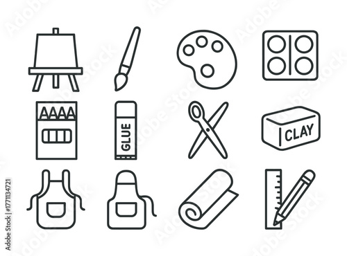 Art supplies icons: easel, brush, palette, glue, scissors, clay, apron