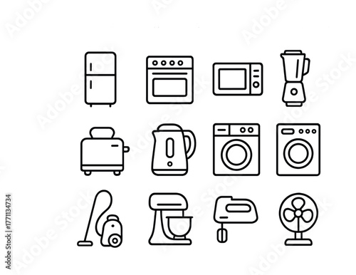 Variety of kitchen and home appliances icon set outlined in black and white