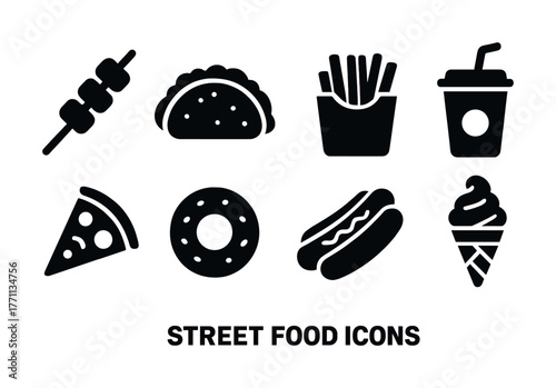 Street food icons: skewer, taco, fries, drink, pizza, donut, hot dog, ice cream