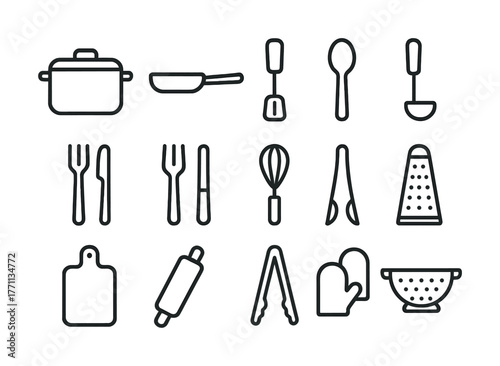 Minimalist kitchen utensil icons set: pot, spoon, spatula, whisk, grater, rolling pin, mitts, colander