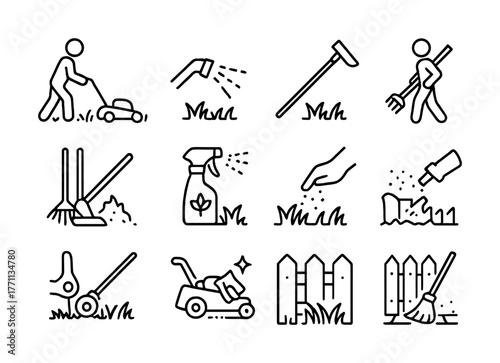 Garden and lawn care equipment icons: mowing, watering, raking, fertilizing, cleaning