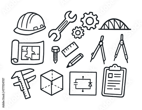 Engineering tools and symbols: hard hat, wrench, gears, blueprints, circuit design, measuring instruments
