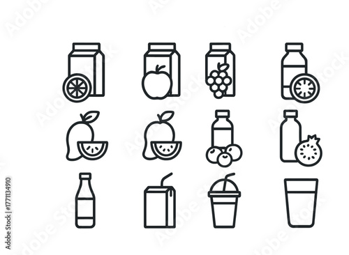 Icon set of various beverage containers with fruit illustrations in black and white