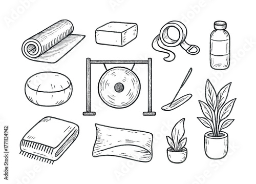 Hand-drawn yoga accessories: mat, blocks, water bottle, gong, incense, towels, plants