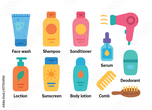 Colorful collection of skincare and haircare products with labels and icons