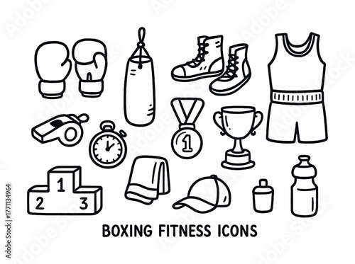 Boxing fitness icons: gloves, punching bag, shoes, stopwatch, uniform, trophies